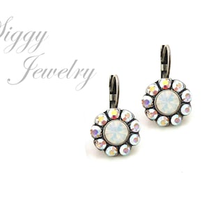 Vintage Style Austrian Crystal Daisy Flower Earrings, Crystal Cluster, White Opal Center, AB Petals, Multi Stone, Drops, Assorted Finishes