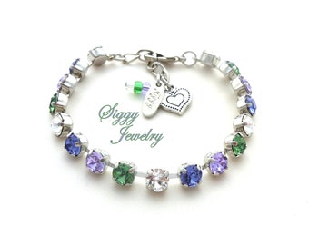 Twilight Serenade Tennis Bracelet made with 6mm Austrian Crystals in Erinite, Violet, Tanzanite, Clear, Assorted Finishes, Gift Packaged