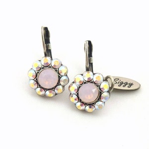 Genuine Austrian Crystal Daisy Flower Cluster Earrings, Light Opaque Pink, Rose Water Opal, AB Petals, Multi Stone, Drop Lever backs