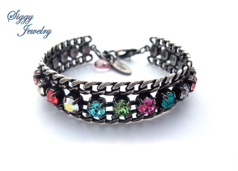 Austrian Crystal Tennis Bracelet, Colorful, Multi-Colored Rainbow, Thick Antique Silver Link Chain, Stacking Bracelet, Goes With Everything image 1