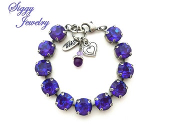 Ultra Purple AB Chunky Crystal Tennis Bracelet, 11mm Iridescent Purple and Blue Tones, Genuine Czech Crystals, Assorted Finishes