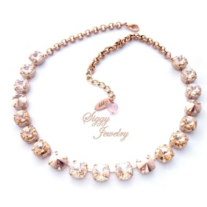 Genuine Austrian Crystal Statement Necklace in Rose Gold tones, 10mm (47ss) Champagne Silk, Rivoli Cut, Assorted Finishes, Golden Sunset
