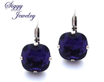 Austrian Crystal Earrings, Purple Velvet 8mm-12mm, Round Or Cushion Cut, Studs Or Drops, Assorted Finishes and Styles, Bridesmaids Gift