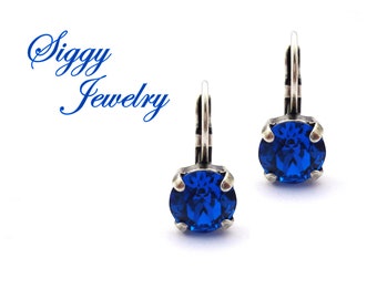 Austrian Crystal Earrings, 8mm-10mm Capri Blue, Royal Sapphire Blue, Drops Or Studs, Assorted Finishes, Bridesmaids Gifts, Gift Packaged