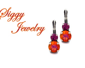 Austrian Crystal Leverback Earrings Double Stone 8mm Astral Pink & 5mm Fuchsia