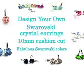 Austrian Crystal Earrings, 10mm Cushion Cut, Assorted Colors, Lever Back Closure, Pick Your Color and Finish, Bridesmaids Gift, Birthstone