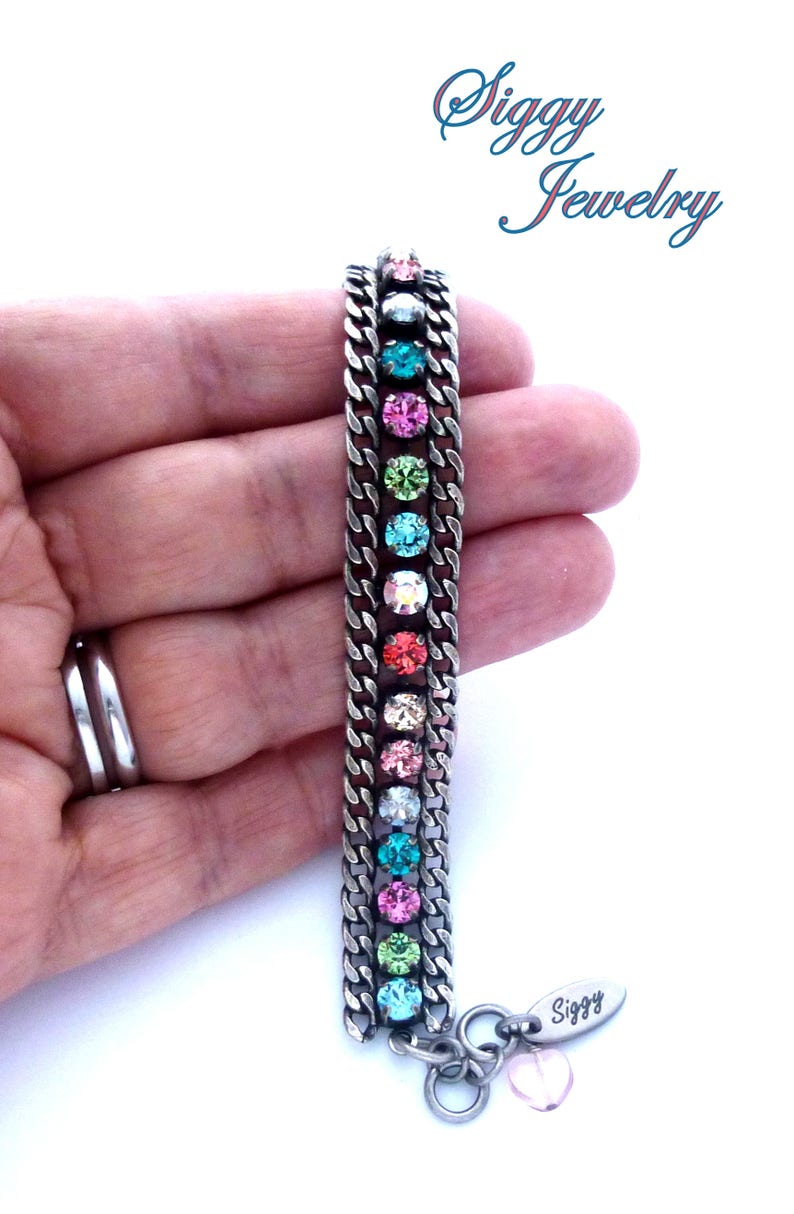 Austrian Crystal Tennis Bracelet, Colorful, Multi-Colored Rainbow, Thick Antique Silver Link Chain, Stacking Bracelet, Goes With Everything image 7
