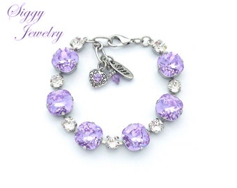 Austrian Crystal Bracelet, 12mm Violet Cushion Cut, 6mm Clear, Light Purple, Diamond Like Crystal, Assorted Finishes, GLAMAZING VERBENA