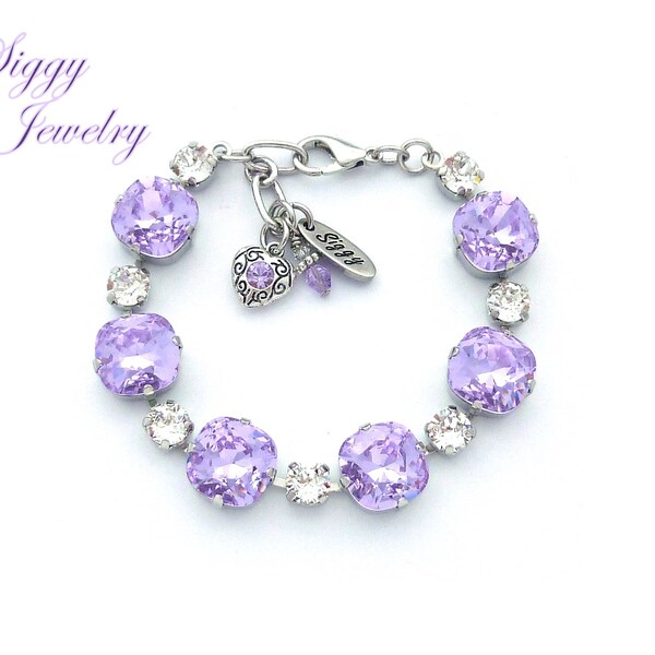 Austrian Crystal Bracelet, 12mm Violet Cushion Cut, 6mm Clear, Light Purple, Diamond Like Crystal, Assorted Finishes, GLAMAZING VERBENA