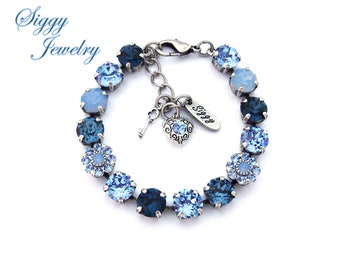 Genuine Austrian Crystal Denim Blue Bracelet, Air Blue Opal, Light Sapphire, Flower Embellished Tennis Bracelet, Offered in Blue or Pink