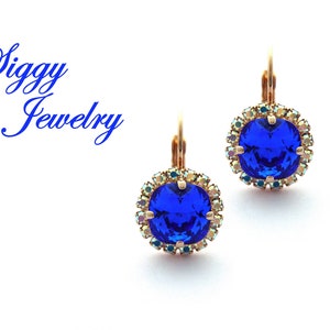 Austrian Crystal Halo Earrings, 10mm Majestic Royal Blue Cushion Cut, AB Crystal Halo, Drops or Studs, Assorted Finishes, Bridesmaids Gift