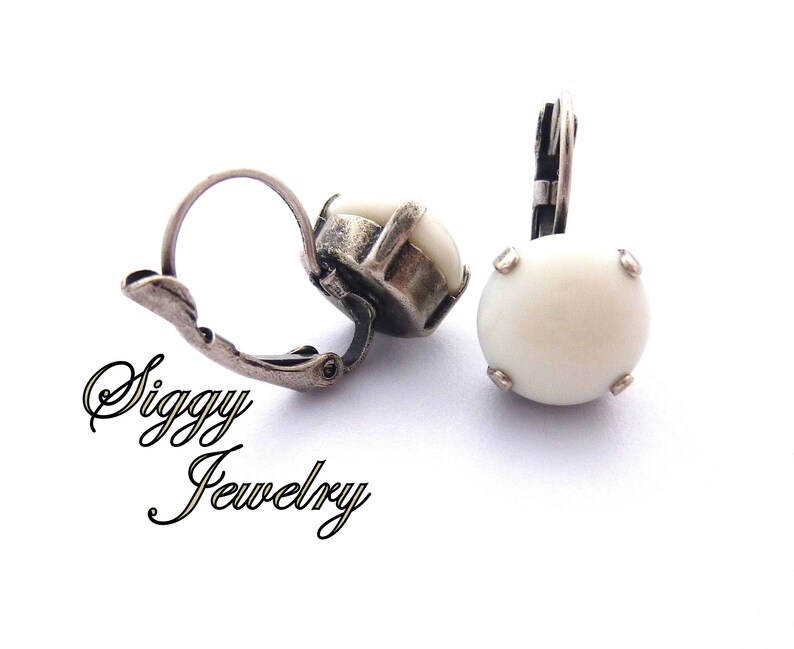 Ivory Cabochon Drop Lever Back Earrings, 11mm White Round, Antique Silver or Pick Your Finish, Prong Setting, Free Shipping image 4