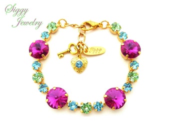 Beach Party Bracelet Made with Genuine Austrian Crystals, Mix of Fuchsia, Light Blue and Green, Mixed Size, Assorted Finishes with Charms