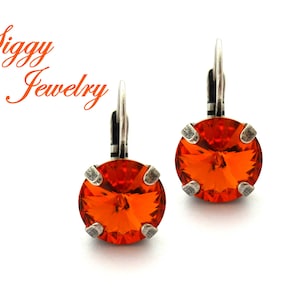 Austrian Crystal Earrings, Tangerine, 8-12mm, Rivoli Studs or Drop Lever Back, Deep Orange, Fall Jewelry, Assorted Finishes, Gift Packaged