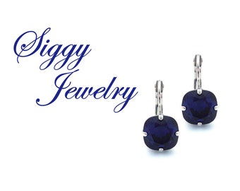 Genuine Preciosa Czech Crystal Earrings, Dark Indigo Blue, 10mm cushion cut, Luxurious, Select A Finish, Bridesmaids Gift, Gift Packaged