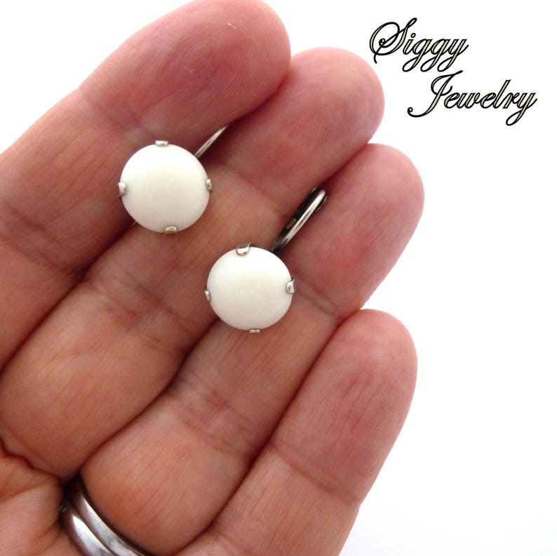 Ivory Cabochon Drop Lever Back Earrings, 11mm White Round, Antique Silver or Pick Your Finish, Prong Setting, Free Shipping image 5
