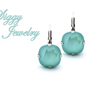 Mint Green Austrian Crystal Earrings, Drop or Posts, 12mm Cushion Cut, Minty Aqua Turquoise Shade, Gorgeous New Color, Assorted Finishes