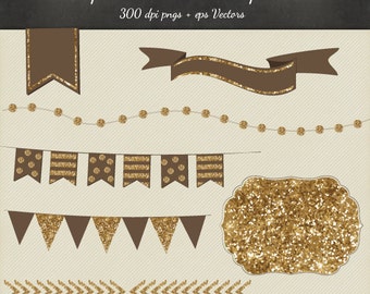 Glitter Christmas Clipart Vector 8 Piece Pack - 6 Designs PNG Files & EPS Vectors - Digital Scrapbook Bunting Garland Ribbon Frame Chevron