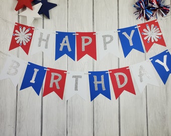 4th of July Birthday Banner - Little Firecracker Birthday Banner - Red White and TWO Banner -  4th of July Banner - Red White & Blue Banner