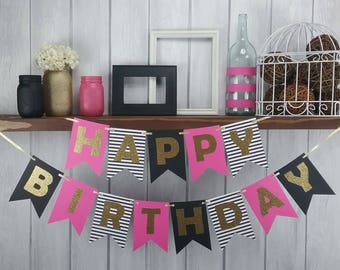 Birthday Banner - Girl's Birthday Banner - Gold Birthday Banner  - Pink, Gold, Black, White