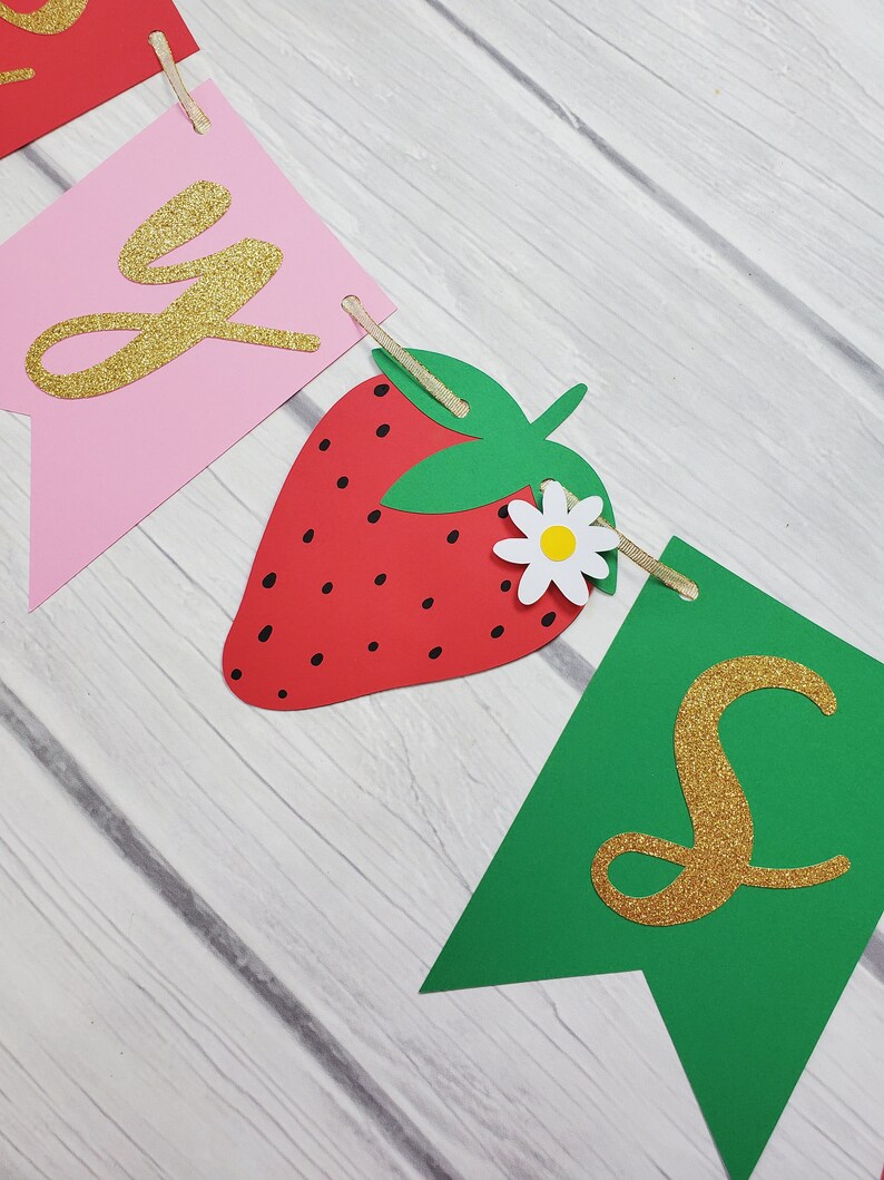 SALE Berry Sweet Birthday Strawberry Banner Strawberry Party Strawberry Birthday Banner ONE Banner 1st Birthday Strawberry Banner image 3