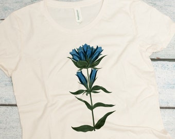 Botanical Organic Cotton Tee, Blue Gentian Flower, Certified Organic Fabric, Made in the USA