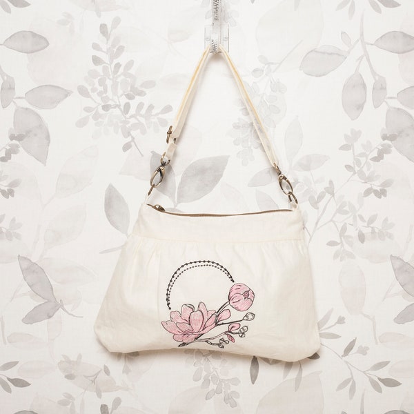 Organic Linen Handbag Embroidered with Saucer Magnolia Flowers