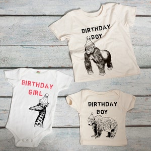 Birthday Boy or Birthday Girl Organic Cotton T-Shirt or Infant Bodysuit with Giraffe Grizzly Bear or Gorilla Printed with Eco-Friendly Ink