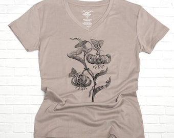 Women's Organic V-Neck T-Shirt - Screen Printed with Flowers and Bugs - Fair Trade - Gift for Nature Lovers