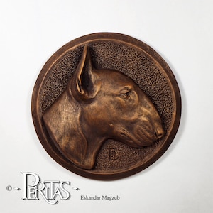 English Bull Terrier Dog, Cast Stone Wall Sculpture by PERITAS