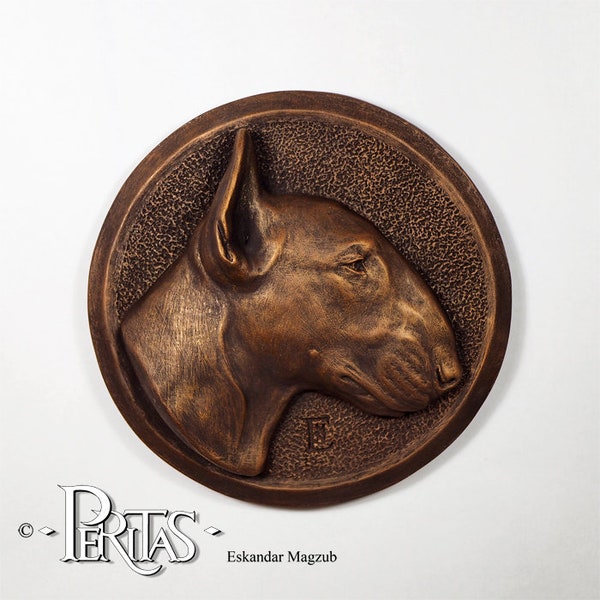 English Bull Terrier Dog, Cast Stone Wall Sculpture by PERITAS