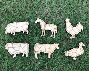 Farm Animals Geometric Puzzles - Wooden Puzzles, Kids Craft Activity, Laser Cut