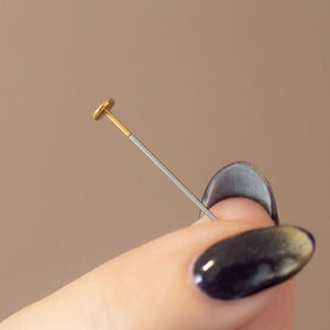 Può includere: Una spilla a capocchia dorata con un gambo argentato è tenuta tra le dita. La testa della spilla è un piccolo disco piatto. Lo sfondo è di un colore neutro uniforme.