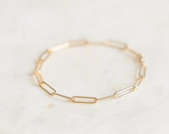 14k Gold Filled Paper Clip Chain Bracelet - Flat Drawn Curb Chain - Large Chain Bracelet - Edgy Bracelet - Layering Bracelet - Gift For Her