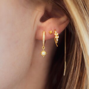 18k Gold Vermeil Opal Starburst Hoop Earrings - Sterling Silver Hypoallergenic