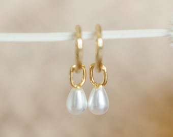 18k Gold Vermeil Pearl Hoops - Pearl Charm Huggie Hoops - Hypoallergenic Earrings - Wedding Dressy Everyday Hoops - Gift For Her