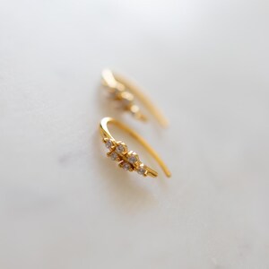 May include: A pair of gold-colored earrings with a curved design. Each earring features a cluster of small, clear gemstones. The earrings are set against a soft, blurred background.