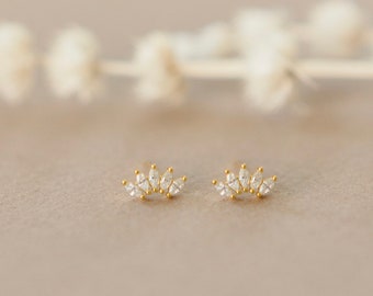 18k Gold Vermeil Diamond Stud Earrings - Hypoallergenic Earrings - Fancy Stud Earrings - Flower Half Moon Diamonds - Sterling Silver