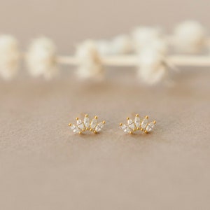 18k Gold Vermeil Diamond Stud Earrings Hypoallergenic Earrings Fancy Stud Earrings Flower Half Moon Diamonds Sterling Silver image 1