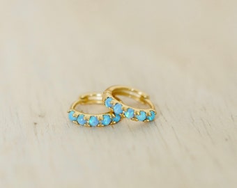 18k Gold Vermeil Blue Opal Earrings - Opal Huggie Hoops - Everyday Ear Stack - Hypoallergenic Gold Hoops - Gift For Her