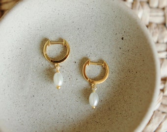 18k Gold Vermeil Pearl Charm Hoops - Pearl Huggie Hoops - Hypoallergenic Hoops - Gold Dainty Everyday Earrings - Gift For Her