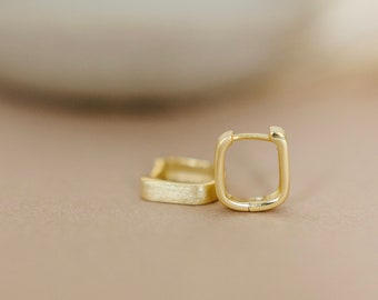 18k Gold Vermeil Rectangle Hoop - Chunky Huggie Hoop - Brushed Metal Hoop Earrings - Hypoallergenic - Sterling Silver - Gift For Her