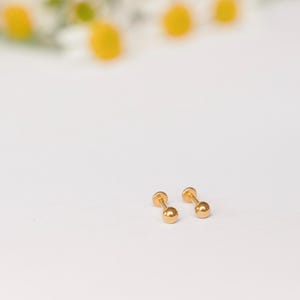 May include: A pair of small, gold-colored stud earrings with a ball design. The earrings are set against a white background, with a blurred arrangement of white and yellow flowers in the background.