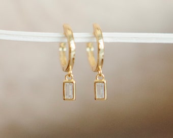 18k Gold Vermeil Tiny Charm Hoops - Hypoallergenic Gold Huggie Hoops - Everyday Comfortable Cute Earrings - Tiny Diamond Rectangle Charm