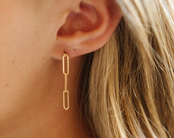 14k Gold Filled Chunky Chain Earrings - Flat Drawn Cable Chain Earrings - Simple, Minimal, Everyday - Gold Paper Clip Chain Earrings