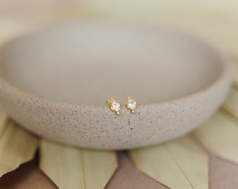 18k Gold Vermeil Tiny Diamond Stud - Hypoallergenic Sterling Silver Stud Earrings - Tiny Simulated Diamond Earrings - Everyday Minimalist