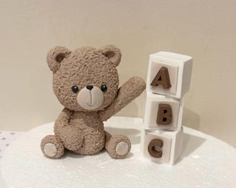 READY TO SHIP - Fluffy Teddy Bear with blocks Fondant Cake Topper - Edible Cake Topper