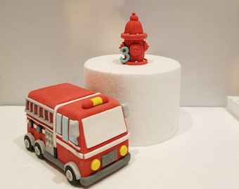 Fire Truck Fondant Cake Topper - Handmade Edible Cake Topper - 1 Set