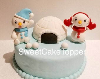 Winter Snowman and Igloo Fondant Cake Topper Set - Homemade Cake Topper - 1 set