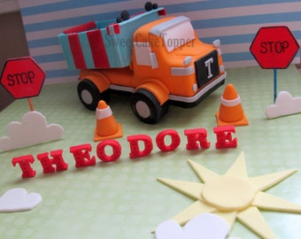 5" Dump Truck Fondant Cake Topper - Handmade Edible Cake Topper - 1 Set